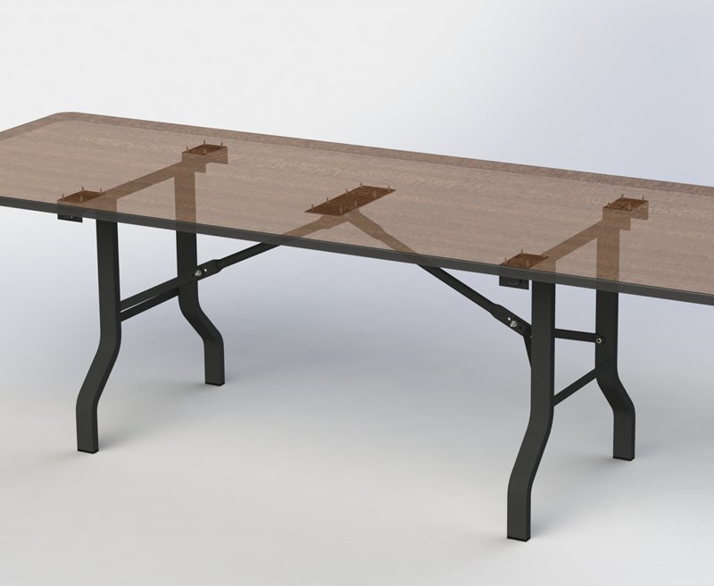 Pair of metal table legs for a folding table, with a transparent brown-tinted table top for demonstration.