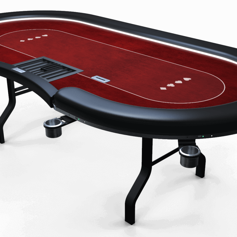 Bean-shaped poker table with four pictured cupholders that swing-out from the black vinyl foam rail, red felt with a white pattern, and metal table legs.