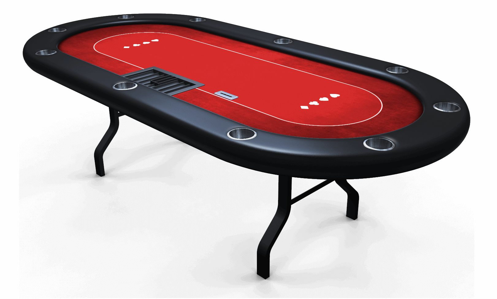 Oval-shaped custom-made poker table with black vinyl rail, built-in cupholders, and a red felt playing surface.