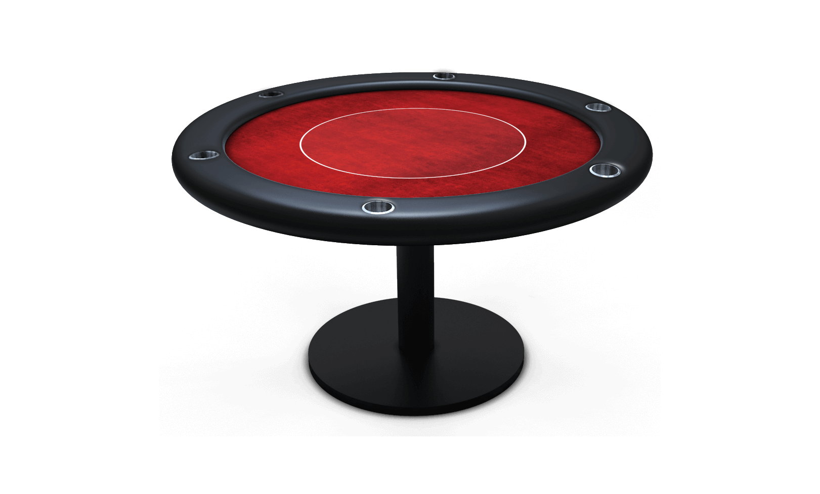 Circle-shaped poker table with six cupholders in the black vinyl foam rail, red felt, and a metal pedestal leg.