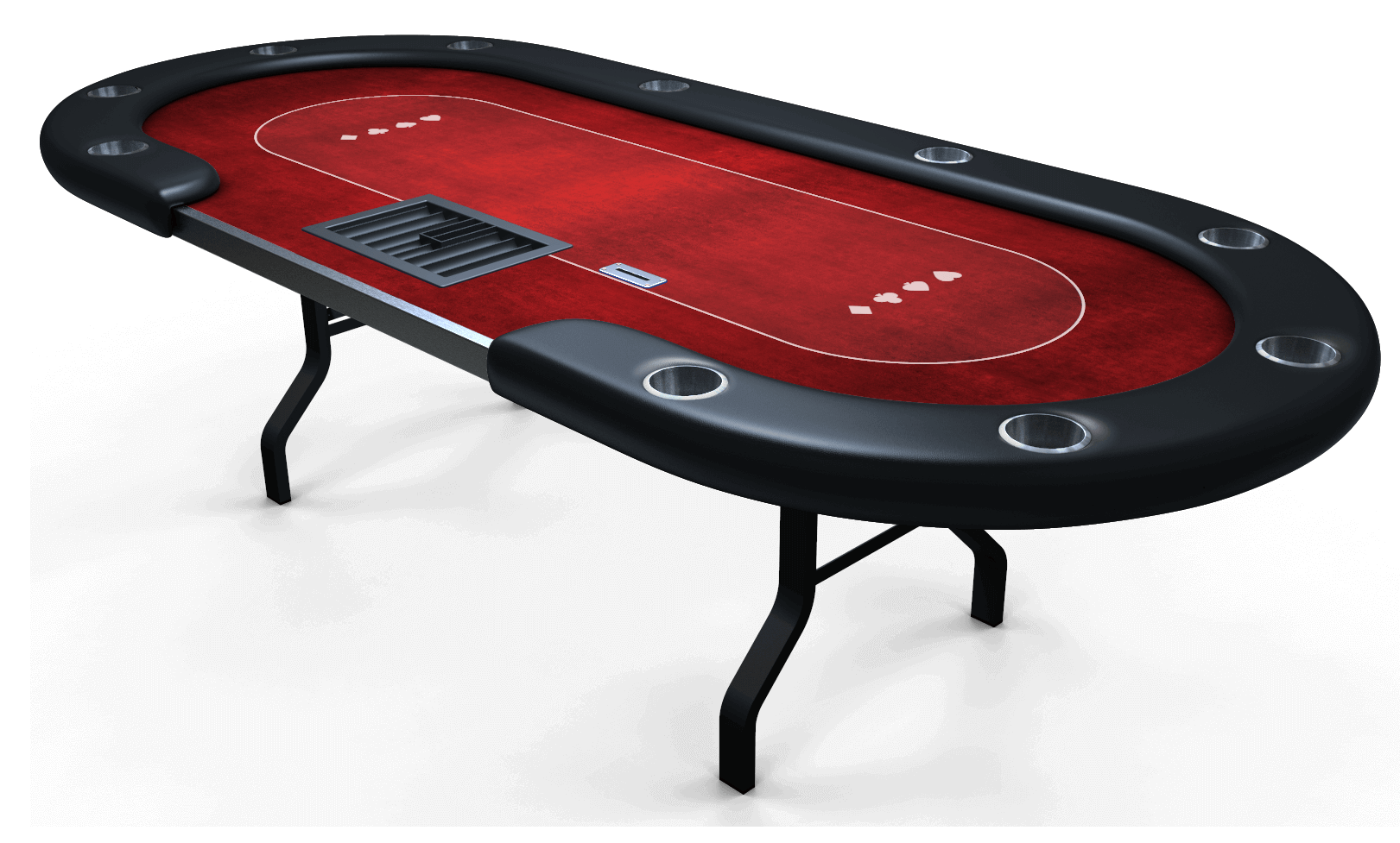 Oval-shaped poker table with ten cupholders in the black vinyl foam rail, an open stainless steel rail section for the dealer, red felt with a white pattern, a dealer box, and metal table legs.