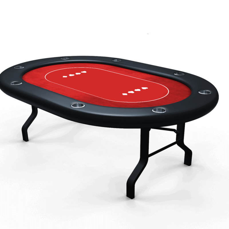 Oval-shaped poker table with eight cupholders in the black vinyl foam rail, red felt with a pattern, a dealer box, and metal legs.