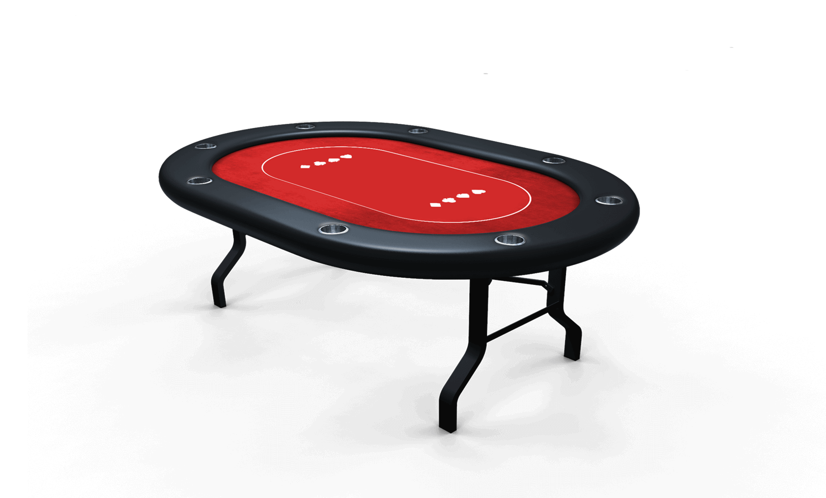Oval-shaped poker table with eight cupholders in the black vinyl foam rail, red felt with a pattern, a dealer box, and metal legs.