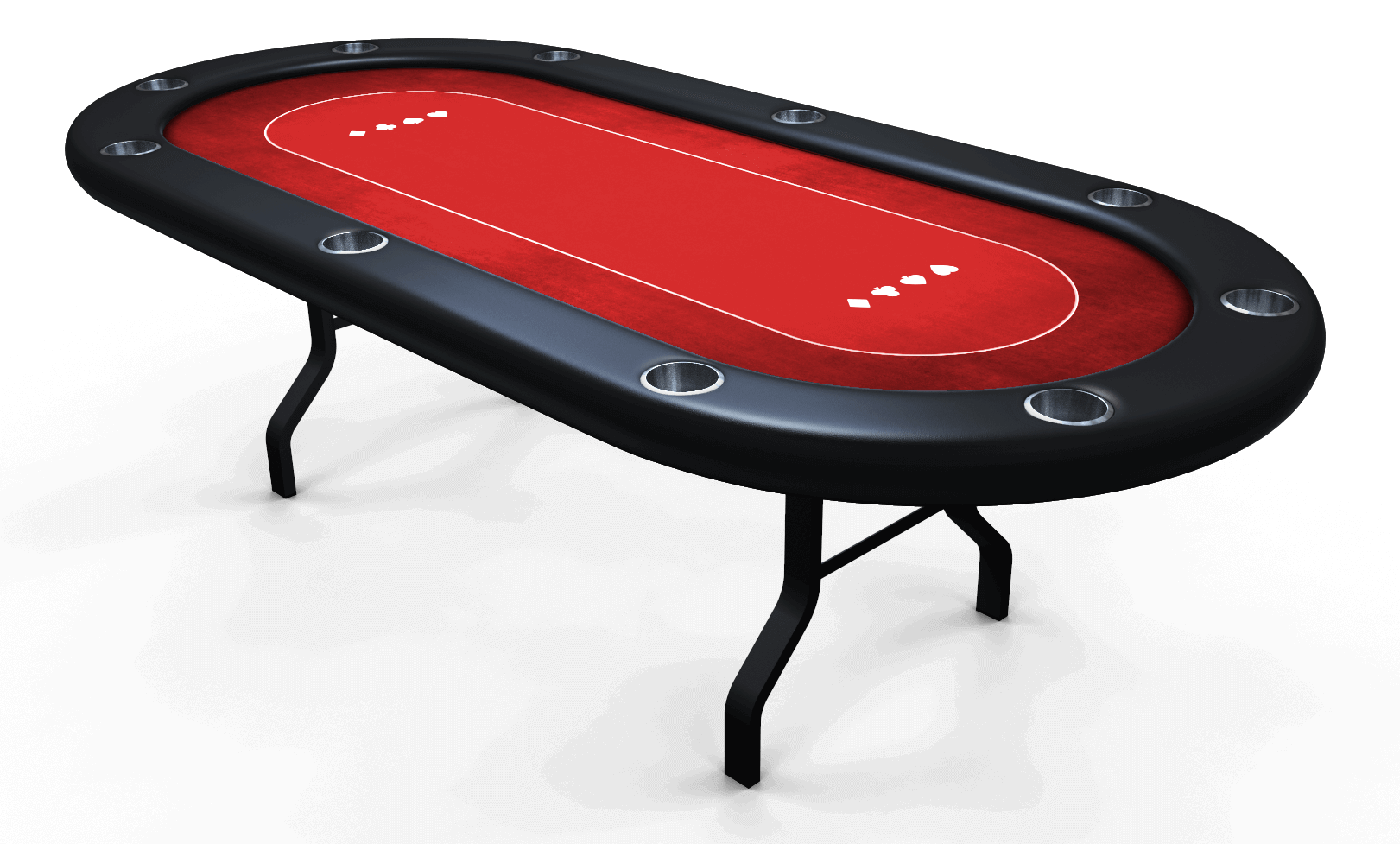 Oval-shaped poker table with ten cupholders in the black vinyl foam rail, red felt with a white pattern, and metal table legs.