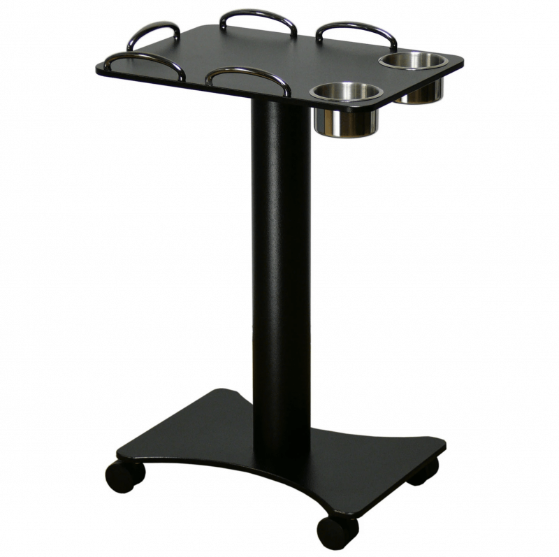 Black aluminum meal or drink cart with two cupholders, safety railings, and four wheels.
